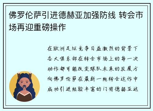 佛罗伦萨引进德赫亚加强防线 转会市场再迎重磅操作